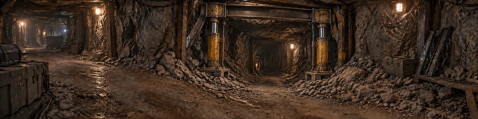 Cleared mine passage held open by a welded header beam on two yellow hydraulic braces, rubble pushed to the sides, tunnel running away into the dark